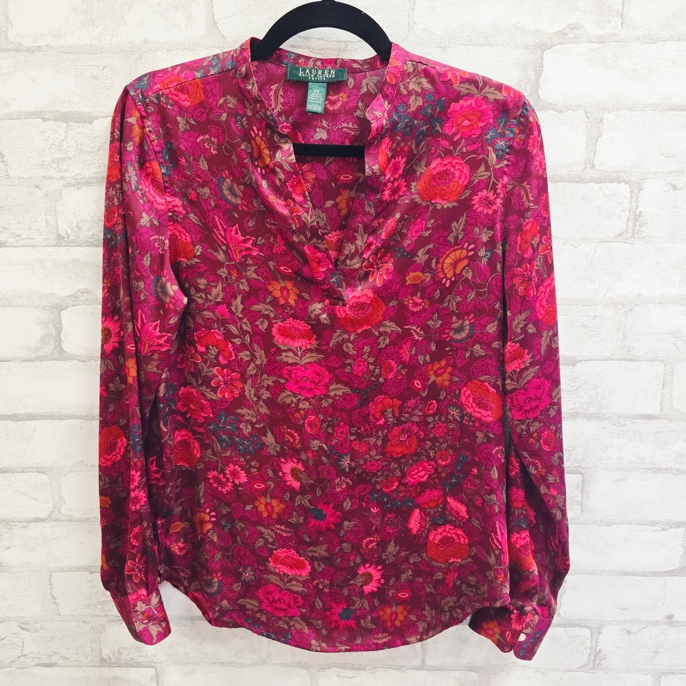 Lauren Ralph Lauren Petite Berry Floral Long Sleeve Split Neck Blouse PS